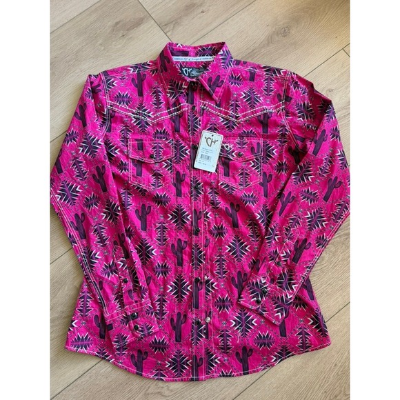 Cowgirl Hardware Tops - Cowgirl Hardware Womens Berry Pink Aztec Saguaro Cactus Western Snap Shirt M NEW